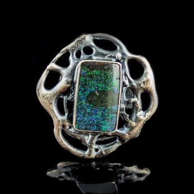 OPAL AUSTRALIJSKI MATRIX SREBRO OKSYDA RETRO BLASK SREBRNY PIERŚCIONEK