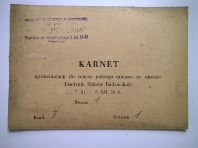 Karnet na festiwal filmów 1950 r