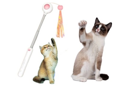 Wędka dla kota interaktywna zabawka z laserem piórkami wstążką dzwoneczkiem