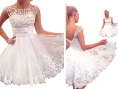 Krótka suknia ślubna sukienka cywilny wesele perły koronka wiązanie 34 XS