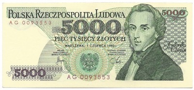 5000 Zł Fr. Chopin 1982r Seria AG Stan/UNC-