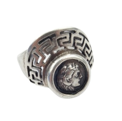 Srebrny grecki pierścionek meander moneta bogini Atena R.13