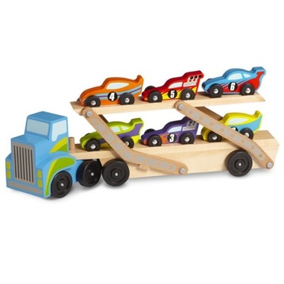 Drewniana ciężarówka laweta z wyścigówkami autami