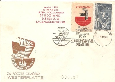 STUDZIANKI -OTWARCIE URZĘDU POCZTOWEGO 1963 ROK -koperta znaczki stempel