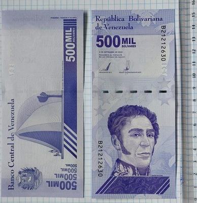 628. Banknot Wenezuela 500 000 Boliviares 2020r. Seria B70 UNC