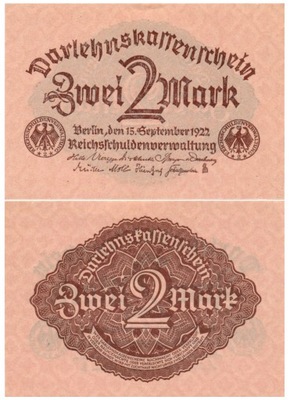 NIEMCY 2 MARKI 1922 P-62 UNC Reichsschuldenverwaltung