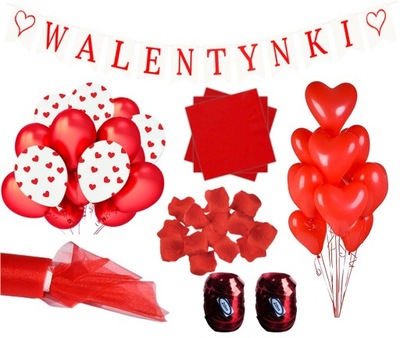 ZESTAW Walentynkowy na WALENTYNKI Baner Balony Serca Serwetki Płatki Róż