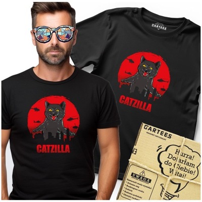 KOSZULKA MĘSKA Z NADRUKIEM CATZILLA ŚMIESZNY KOT KOCIAK IDEALNY TSHIRT KOT