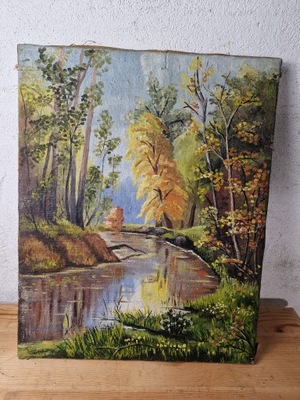 stary obraz olejny 40x51 rzeka las jezioro drzewa B