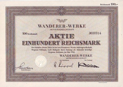 Wanderer-Werke, także samochodowa, akcja na 100 marek