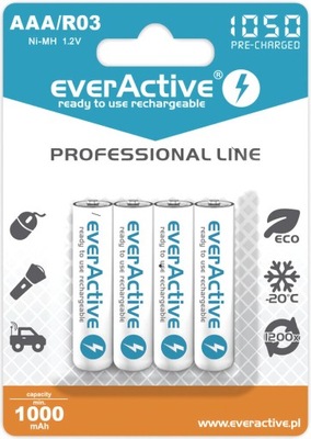 4x wytrzymałe akumulatory everActive R03 1000mAh