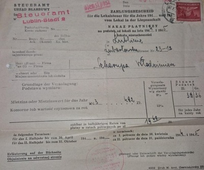 Nakaz płatniczy Podatek od lokali 1944 - 1945 r. Lublin GG