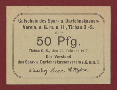 Tychy notgeld Gutschein 50 Pfennig Tichau O. S. Górny Śląsk 1917