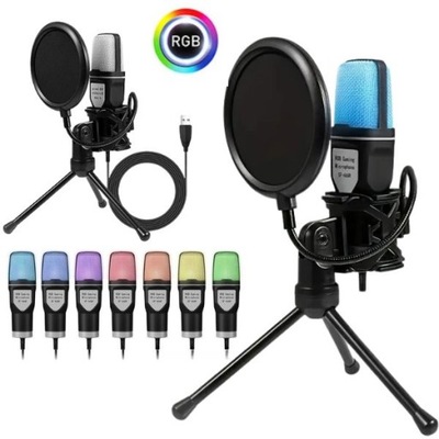 Mikrofon pojemnościowy USB do komputera PC Led RGB Filtr pop