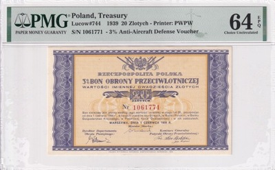 20 Złotych Polska 1939 PMG 64 EPQ Bon Obrony Przeciwlotniczej