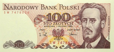 PRL BANKNOT 100 Złotych 1988 seria SW WARYŃSKI UNC