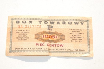 Stary Bon Towarowy Pko 5 centów Pewex 1969 antyk