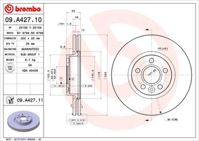 ДИСКИ ТОРМОЗНЫЕ ТОРМОЗНЫЕ ПЕРЕД BREMBO 09.A427.11 09A42711