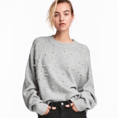 H&M HM Sweter z koralikami Beżowy 36 S .