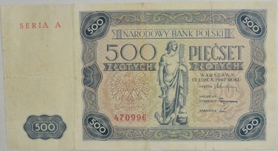 18.di.PRL, 500 Złotych 1947 A rzadki, St.3+