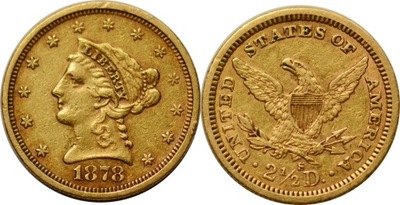 419D. USA 2 1/2 DOLARA 1878 S STAN:III+ ZŁOTO.900