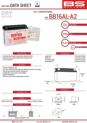 BS АККУМУЛЯТОР BB16AL-A2 YB16ALA2 12V 16AH 205X71X164 OBSŁUGOWY -ELEKTROLIT