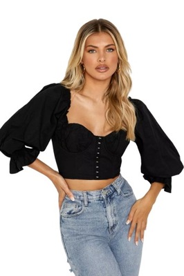 BOOHOO CZARNY CROP TOP BLUZKA Z BUFIASTYMI RĘKAWAMI W STYLU GORSET M 38