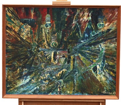 Magdalena Hodonyi (1943) - abstrakcja "eksploracja kosmosu", obraz olejny