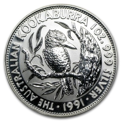 Kookaburra 1 uncja oz Srebra Moneta Srebrna 1991