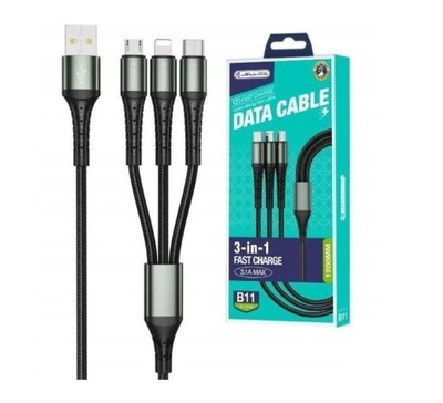 Kabel Jellico 3 w 1 USB - USB typ C / microUSB / Lightning 1,2 m czarny