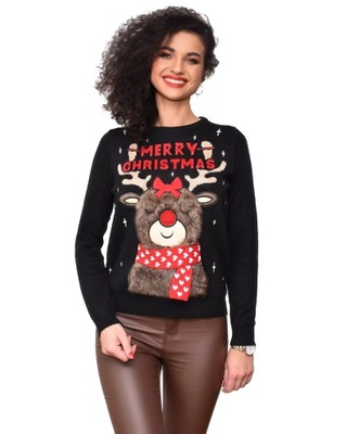 Sweter świąteczny z włochatym reniferem świeci M
