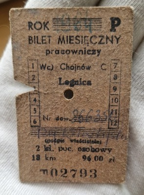 Bilet miesięczny pracowniczy PKP WC Chojnów LEGNICA wczesny PRL 1964 rzadki