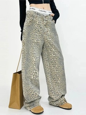Leopard džínsy dámske džínsové nohavice dámske Oversize nohavice so širokým