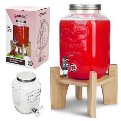 SŁÓJ SZKLANY Z KRANIKIEM 4L NA LEMONIADĘ BECZKA NA STOJAKU NA WODĘ SOK