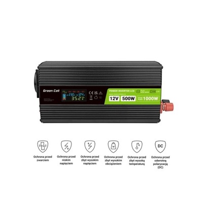 GREEN CELL ПРЕОБРАЗОВАТЕЛЬ LCD 12V/230V 500W/1000W CZYSTY SINUS