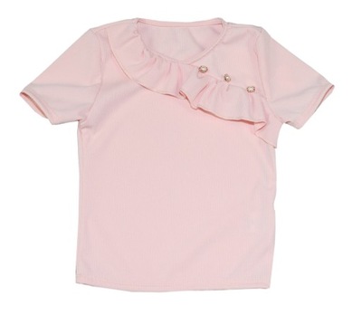 Bluzka dziewczęca prążki falbanka różowa 134-140
