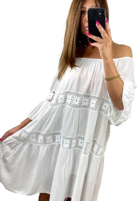 Sukienka Zwiewna z Podszewką Biała Wyszczuplająca (46-52) rozmiar 46