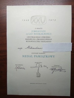 Dyplom 25 Lat Działalności COB-PBO Warszawa 1973