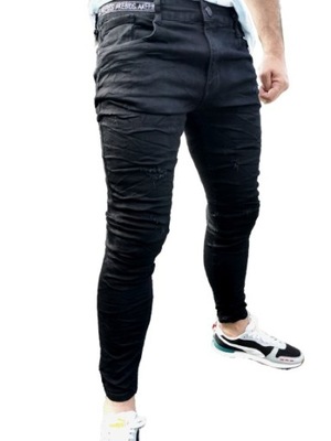 Spodnie męskie jeans czarne przetarcia slim VV 30