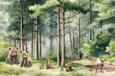 Fototapeta na wymiar las, zwierzęta leśne, jeż, sarenka, sowa, borsuk miś