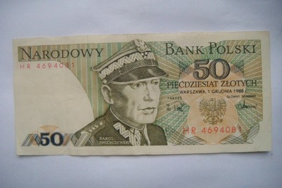 POLSKA Banknot PRL 50 zł 1988 r. seria HR Karol Świerczewski