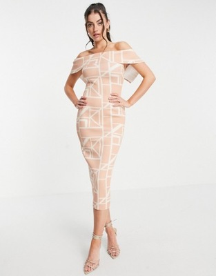 Beżowa sukienka ołówkowa geometryczny wzór 34