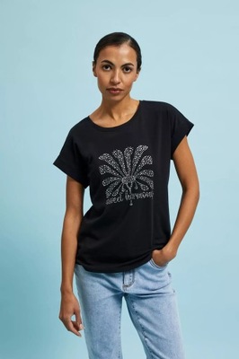 T-shirt z nadrukiem i okrągłym dekoltem czarny 40 od MOODO