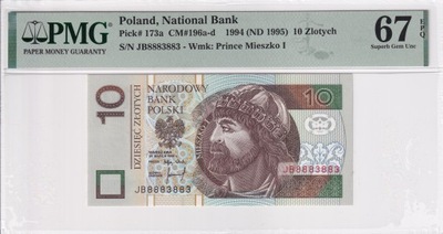10 Złotych Polska 1994 PMG 67 EPQ Seria JB druk PWPW