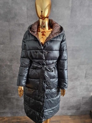 czarna kurtka pikowana długa zimowa płaszcz wiązany M 38