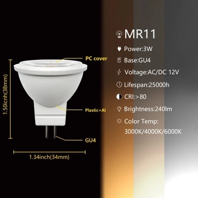 Oszczędzanie energii żarówka LED MR11 GU4 AC/DC12V 3W COB SPITLight 3000K 4