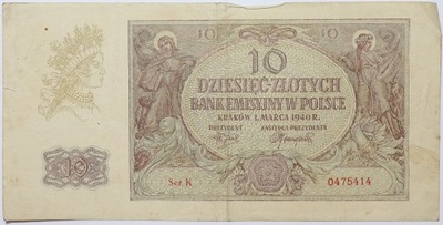 Banknot 10 Złotych 1940 rok - Seria K