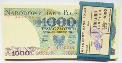 Banknoty 1000 zł 1982 seria HL stan 1 UNC z paczki bankowej