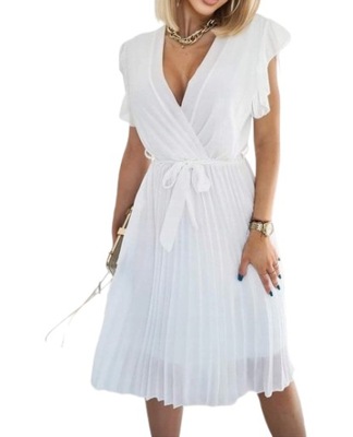 Sukienka plisowana kopertowa biała