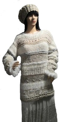 Fantazyjna tunika dłuższy sweter beż-ecru Handmade